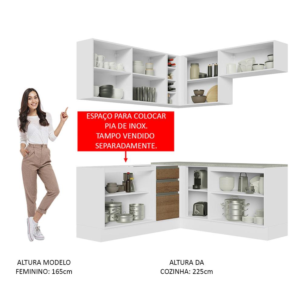 Cozinha Completa de Canto Madesa Glamy 349003 com Armário e Balcão (Sem Tampo e Pia) - Branco/Rustic