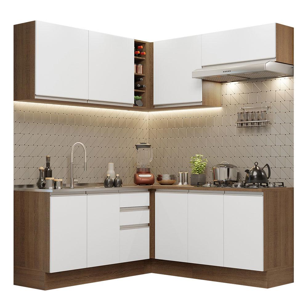 Cozinha Completa de Canto Madesa Glamy 349003 com Armário e Balcão (Sem Tampo e Pia) - Rustic/Branco