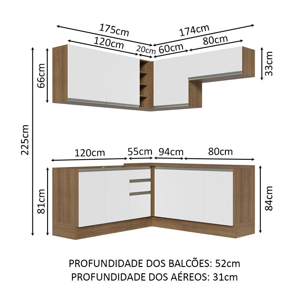 Cozinha Completa de Canto Madesa Glamy 349003 com Armário e Balcão (Sem Tampo e Pia) - Rustic/Branco