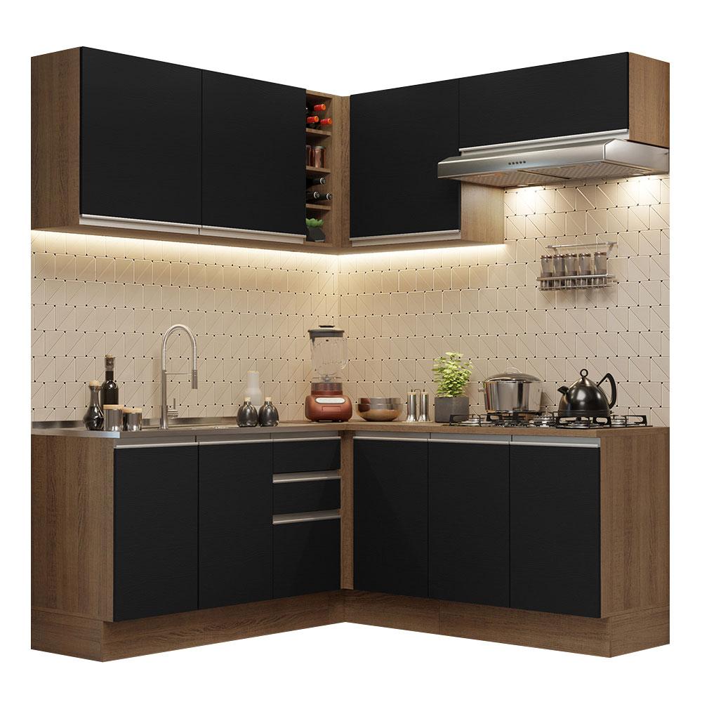 Cozinha Completa de Canto Madesa Glamy 349003 com Armário e Balcão (Sem Tampo e Pia) - Rustic/Preto