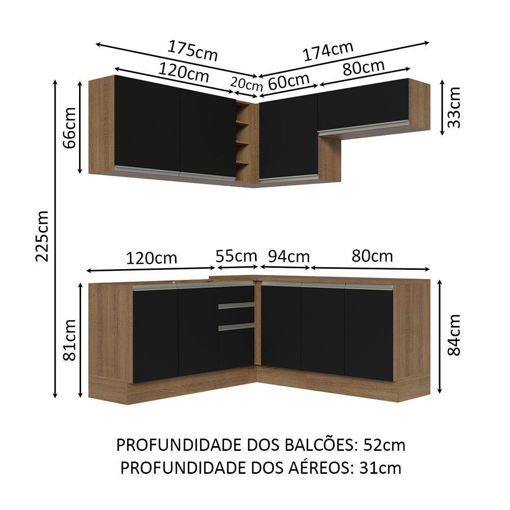 Cozinha Completa de Canto Madesa Glamy 349003 com Armário e Balcão (Sem Tampo e Pia) - Rustic/Preto