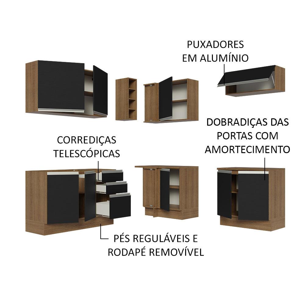 Cozinha Completa de Canto Madesa Glamy 349003 com Armário e Balcão (Sem Tampo e Pia) - Rustic/Preto