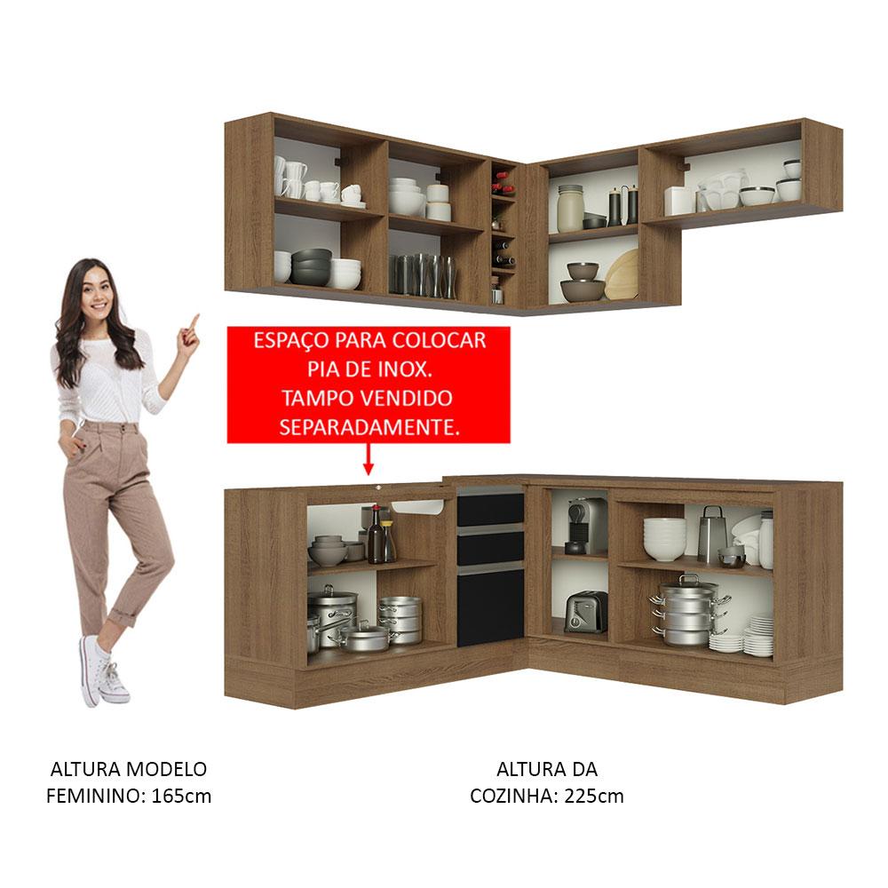 Cozinha Completa de Canto Madesa Glamy 349003 com Armário e Balcão (Sem Tampo e Pia) - Rustic/Preto