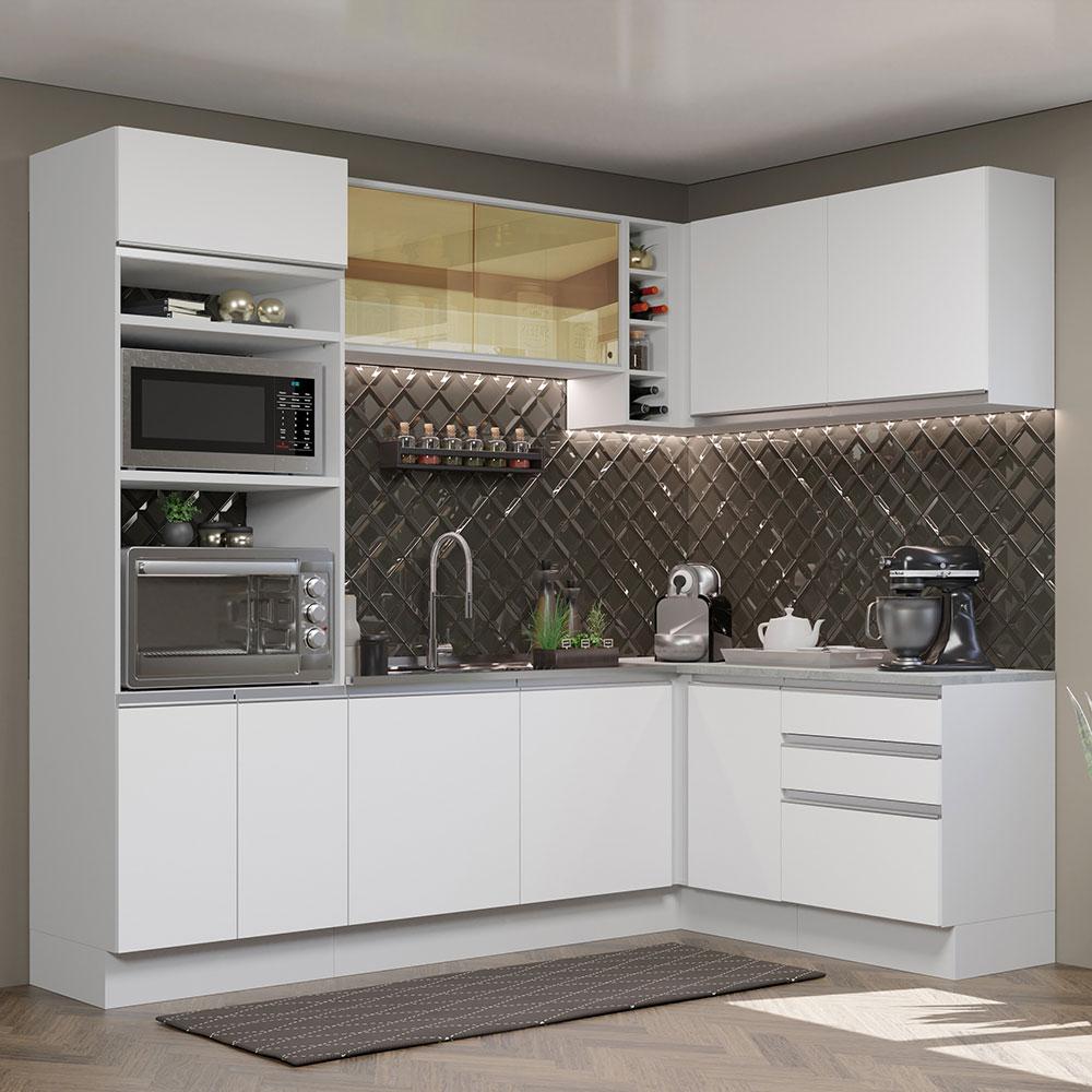 Cozinha Completa de Canto Madesa Glamy 399002 com Armário e Balcão (Sem Tampo e Pia) - Branco