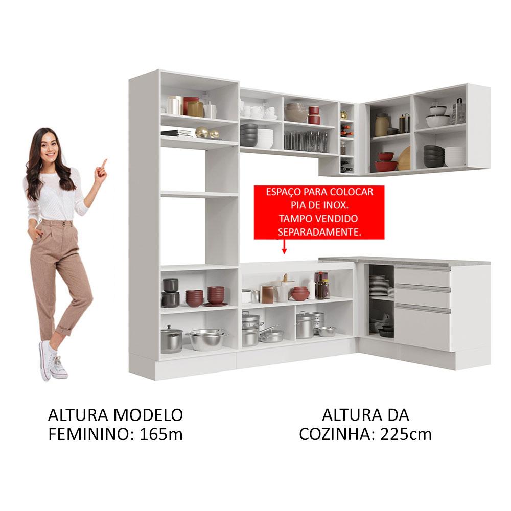 Cozinha Completa de Canto Madesa Glamy 399002 com Armário e Balcão (Sem Tampo e Pia) - Branco