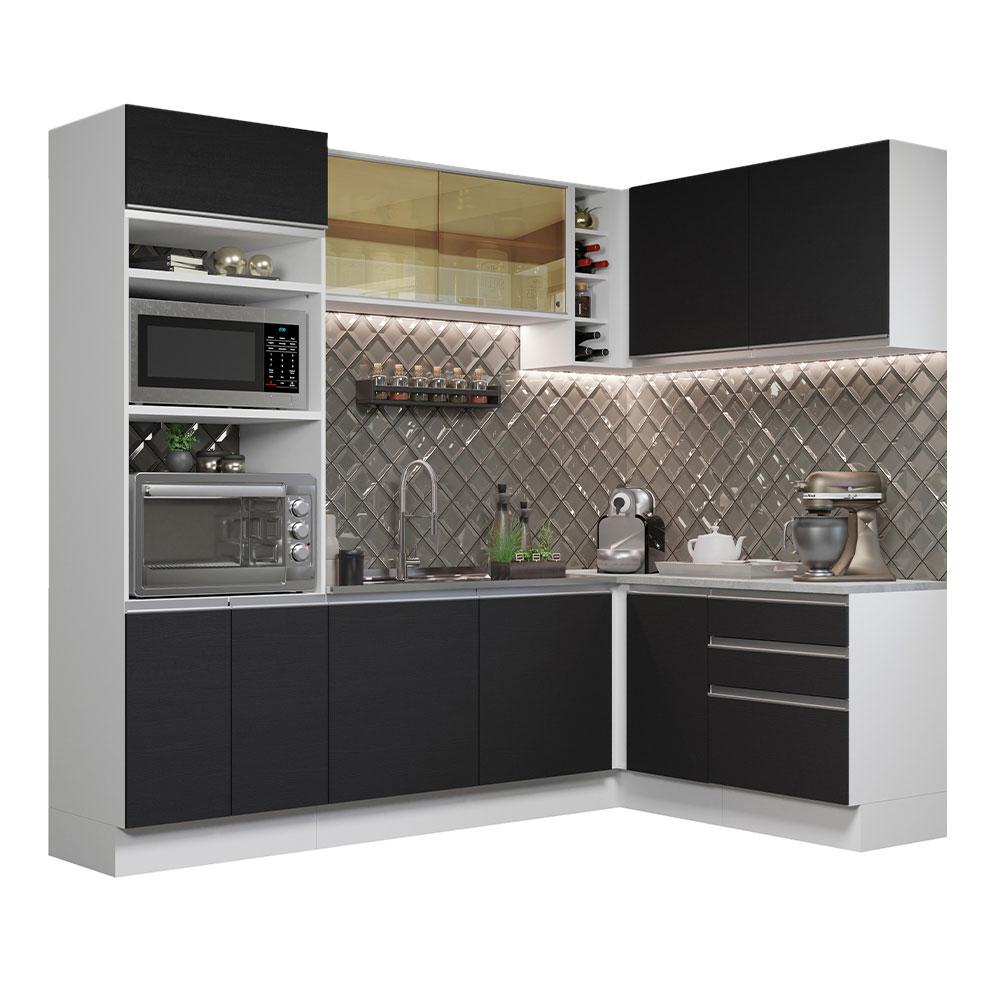 Cozinha Completa de Canto Madesa Glamy 399002 com Armário e Balcão (Sem Tampo e Pia) - Branco/Preto