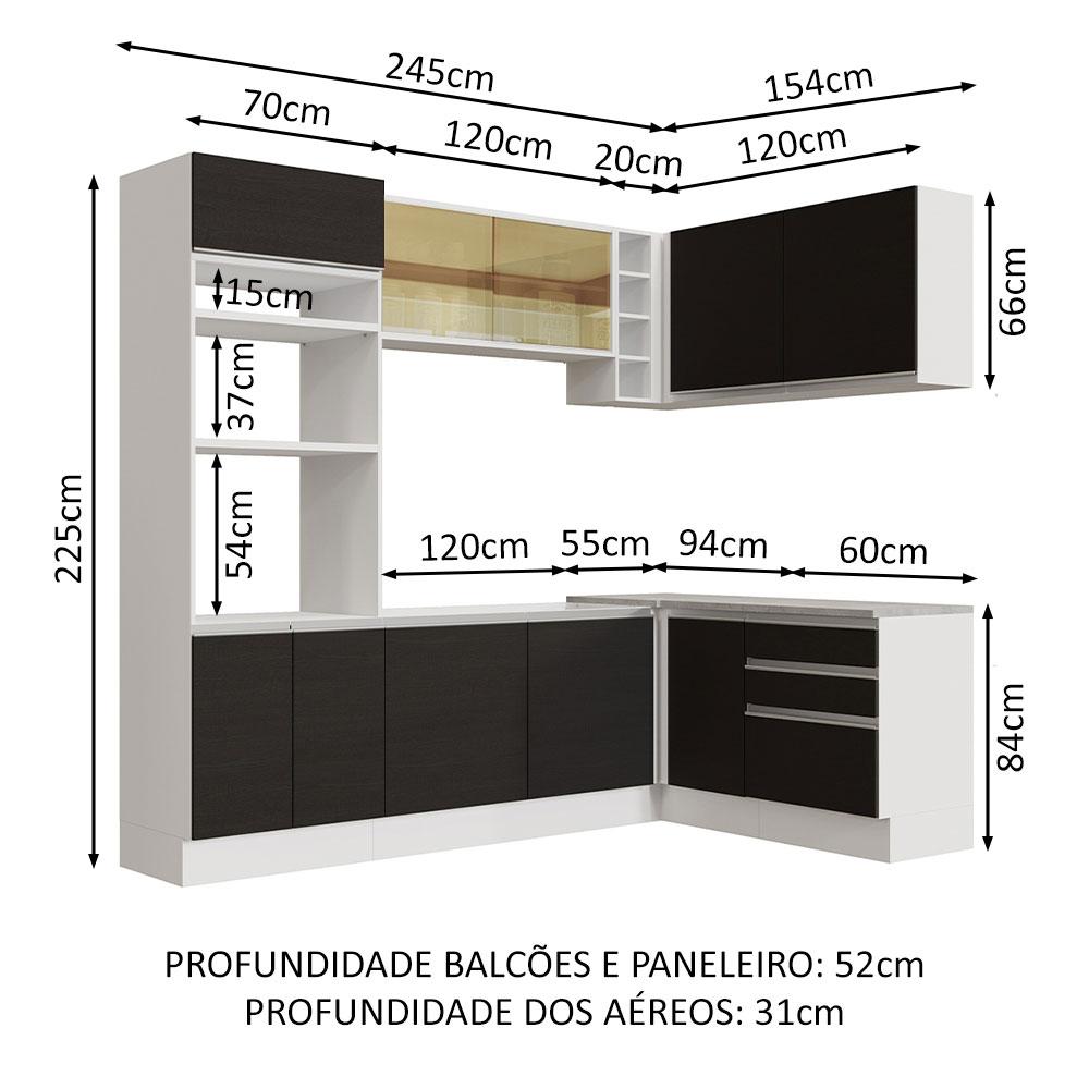 Cozinha Completa de Canto Madesa Glamy 399002 com Armário e Balcão (Sem Tampo e Pia) - Branco/Preto