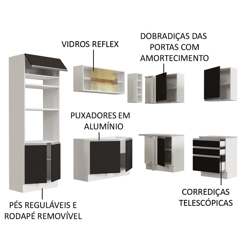 Cozinha Completa de Canto Madesa Glamy 399002 com Armário e Balcão (Sem Tampo e Pia) - Branco/Preto