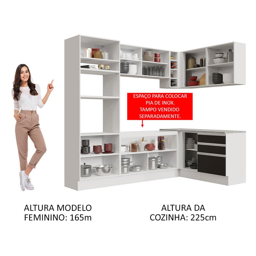 Cozinha Completa de Canto Madesa Glamy 399002 com Armário e Balcão (Sem Tampo e Pia) - Branco/Preto