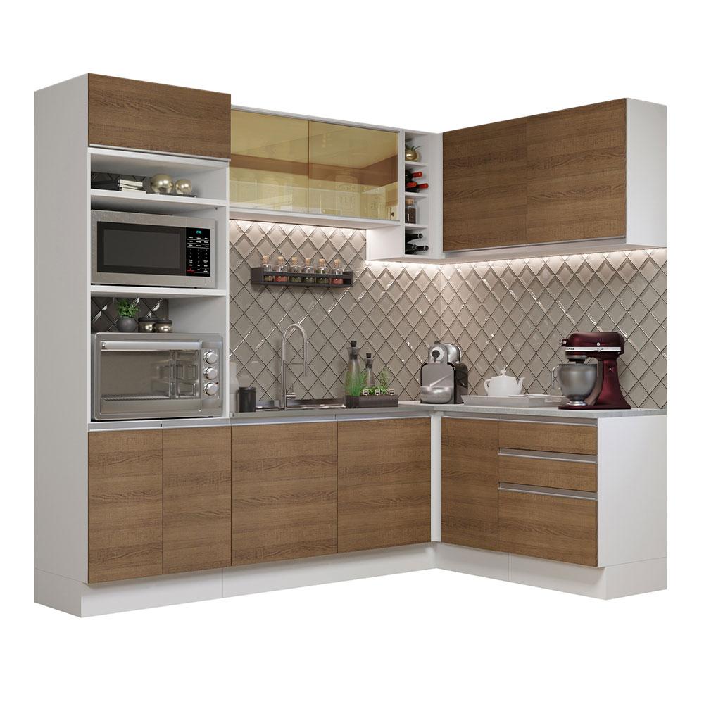 Cozinha Completa de Canto Madesa Glamy 399002 com Armário e Balcão (Sem Tampo e Pia) - Branco/Rustic