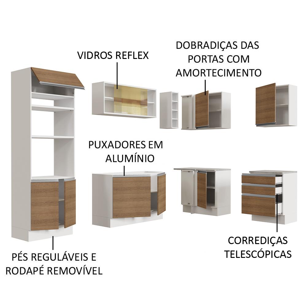 Cozinha Completa de Canto Madesa Glamy 399002 com Armário e Balcão (Sem Tampo e Pia) - Branco/Rustic