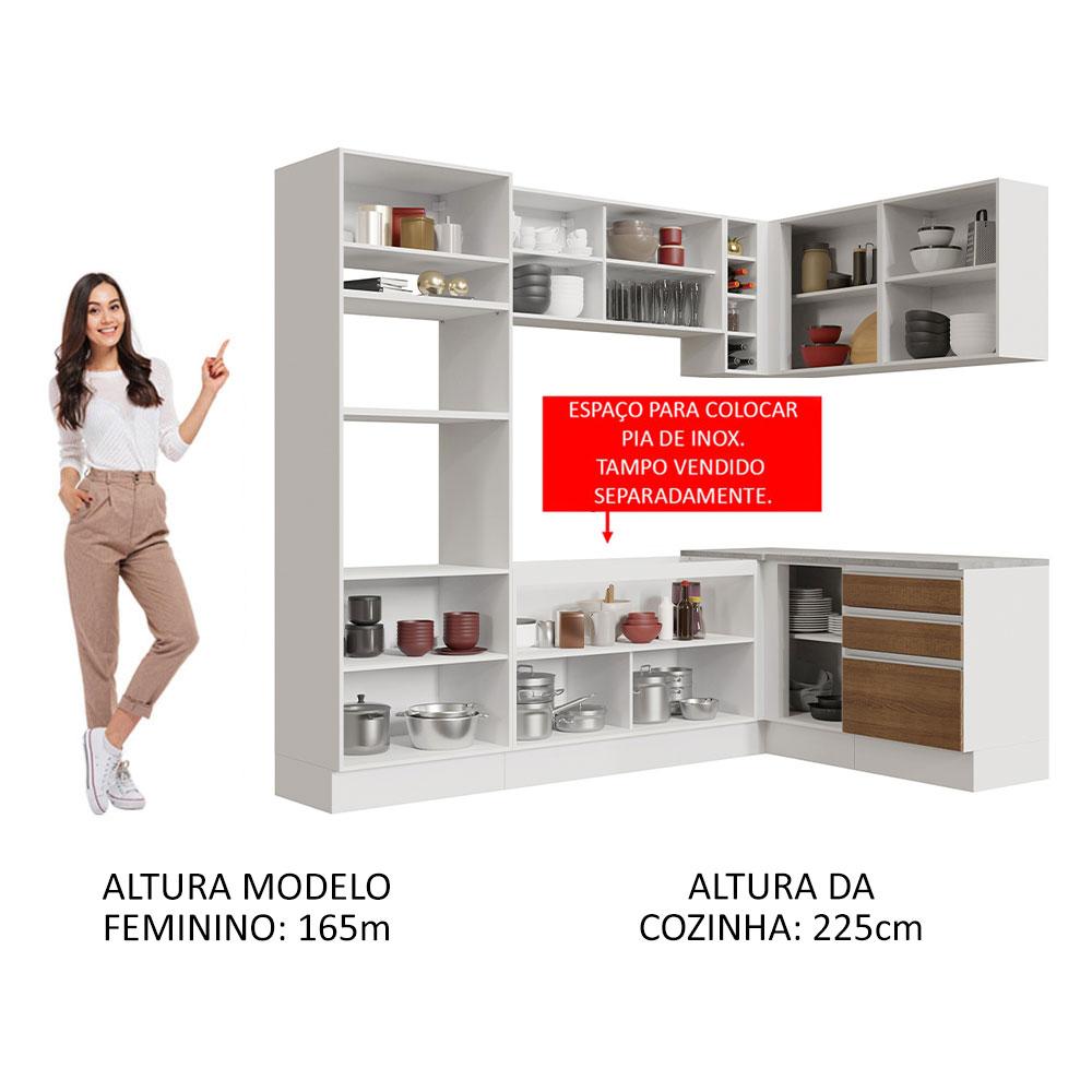 Cozinha Completa de Canto Madesa Glamy 399002 com Armário e Balcão (Sem Tampo e Pia) - Branco/Rustic