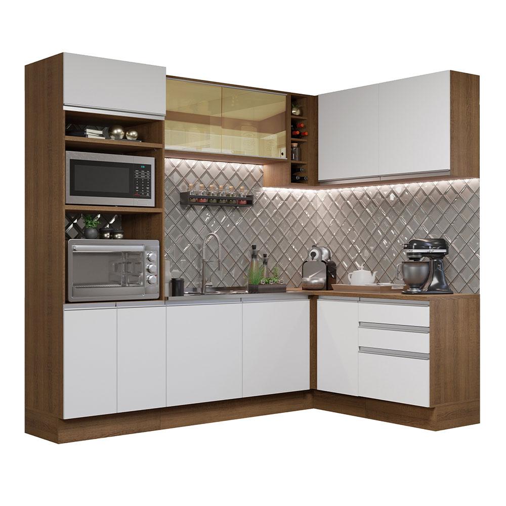 Cozinha Completa de Canto Madesa Glamy 399002 com Armário e Balcão (Sem Tampo e Pia) - Rustic/Branco