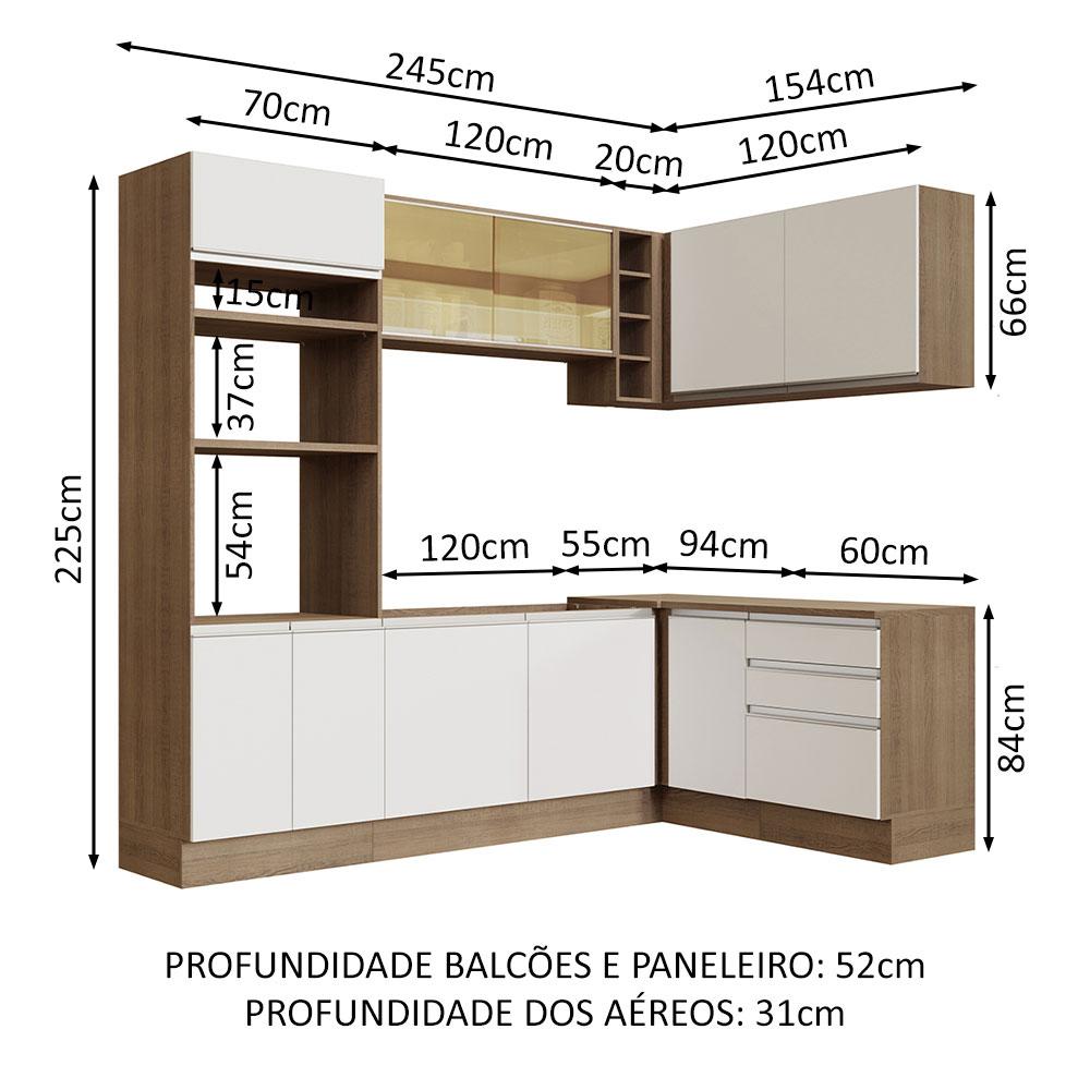 Cozinha Completa de Canto Madesa Glamy 399002 com Armário e Balcão (Sem Tampo e Pia) - Rustic/Branco