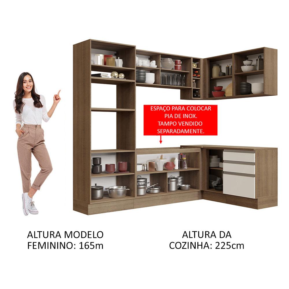Cozinha Completa de Canto Madesa Glamy 399002 com Armário e Balcão (Sem Tampo e Pia) - Rustic/Branco