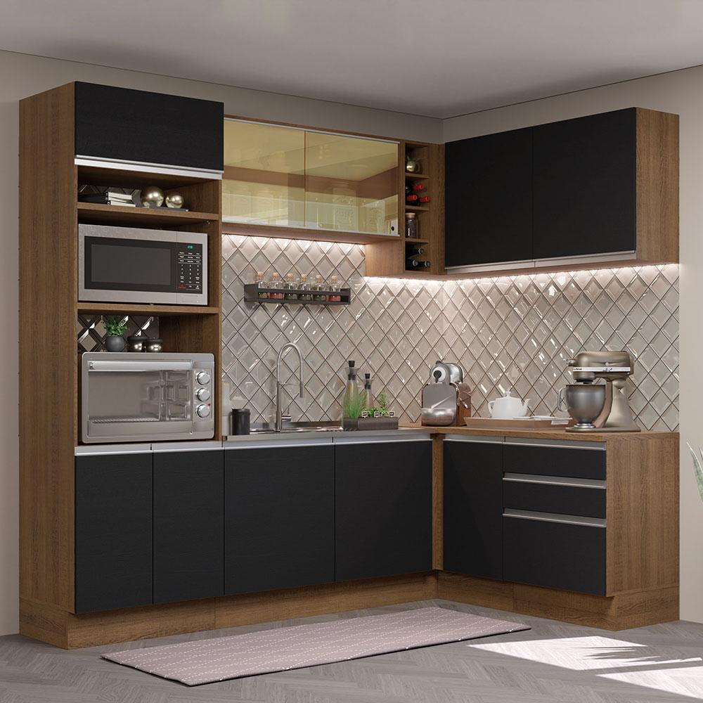 Cozinha Completa de Canto Madesa Glamy 399002 com Armário e Balcão (Sem Tampo e Pia) - Rustic/Preto