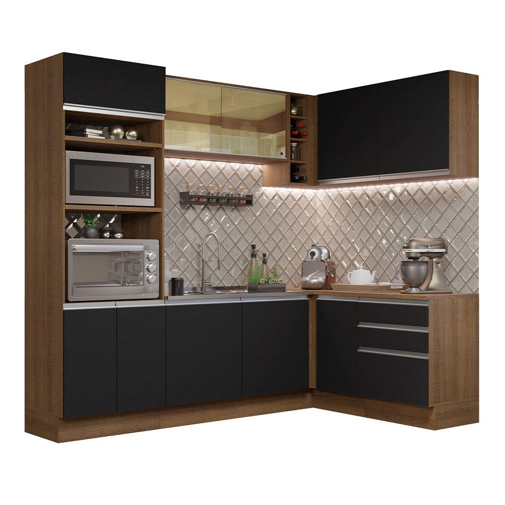 Cozinha Completa de Canto Madesa Glamy 399002 com Armário e Balcão (Sem Tampo e Pia) - Rustic/Preto