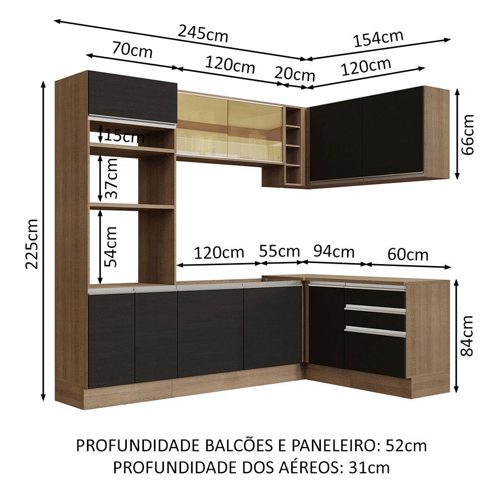 Cozinha Completa de Canto Madesa Glamy 399002 com Armário e Balcão (Sem Tampo e Pia) - Rustic/Preto