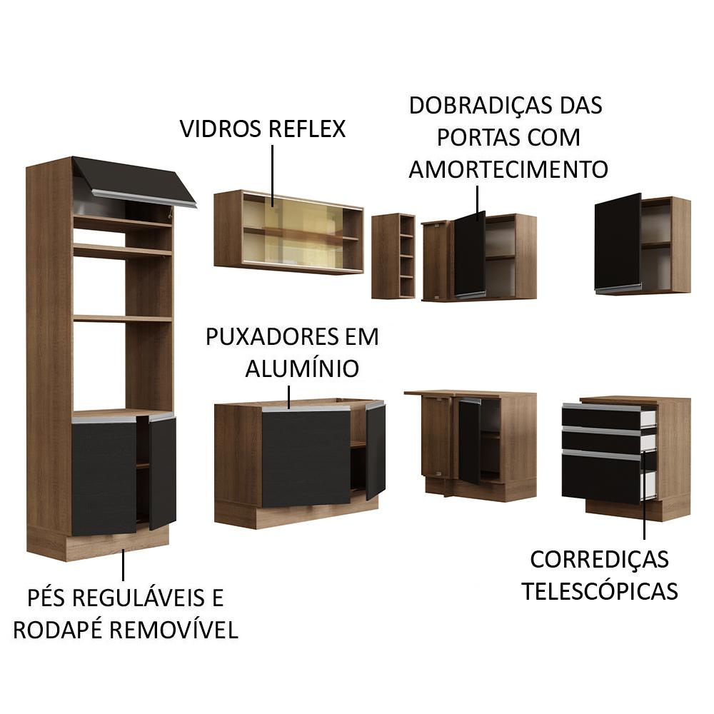 Cozinha Completa de Canto Madesa Glamy 399002 com Armário e Balcão (Sem Tampo e Pia) - Rustic/Preto