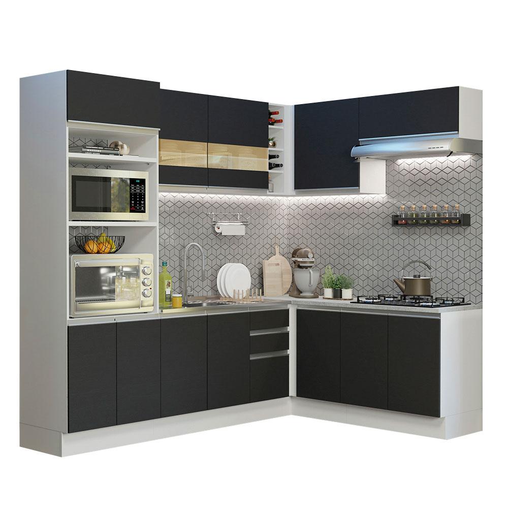 Cozinha Completa de Canto Madesa Glamy 419001 com Armário e Balcão (Sem Tampo e Pia) - Branco/Preto