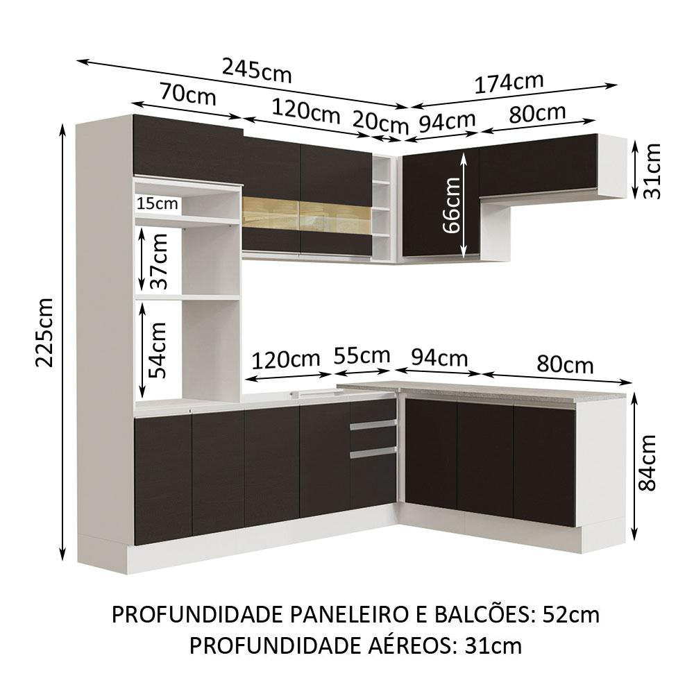 Cozinha Completa de Canto Madesa Glamy 419001 com Armário e Balcão (Sem Tampo e Pia) - Branco/Preto
