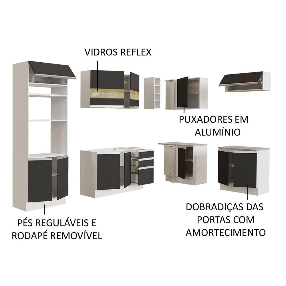 Cozinha Completa de Canto Madesa Glamy 419001 com Armário e Balcão (Sem Tampo e Pia) - Branco/Preto