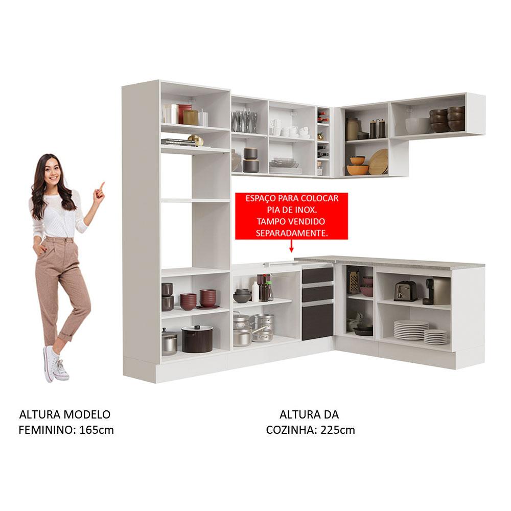 Cozinha Completa de Canto Madesa Glamy 419001 com Armário e Balcão (Sem Tampo e Pia) - Branco/Preto