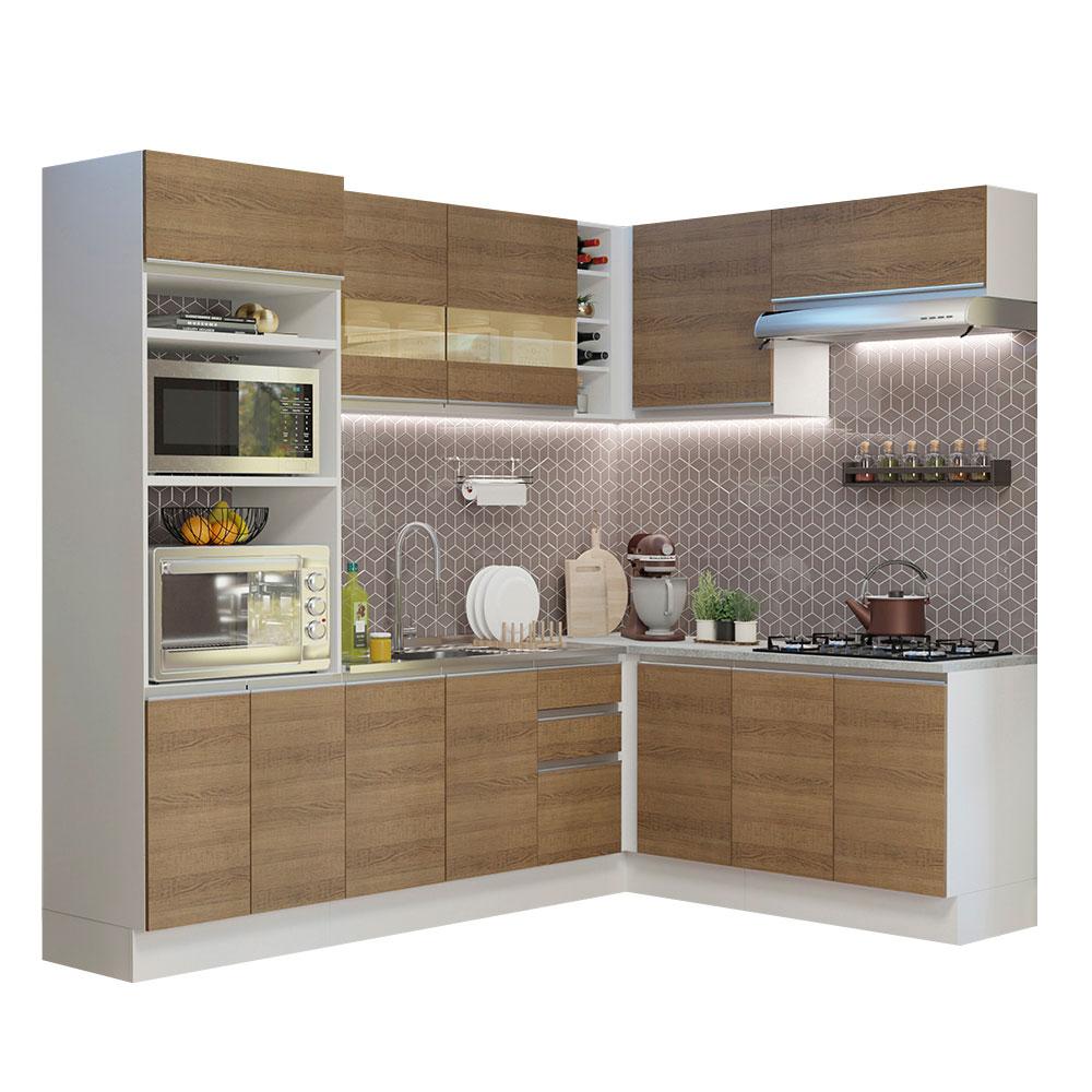 Cozinha Completa de Canto Madesa Glamy 419001 com Armário e Balcão (Sem Tampo e Pia) - Branco/Rustic