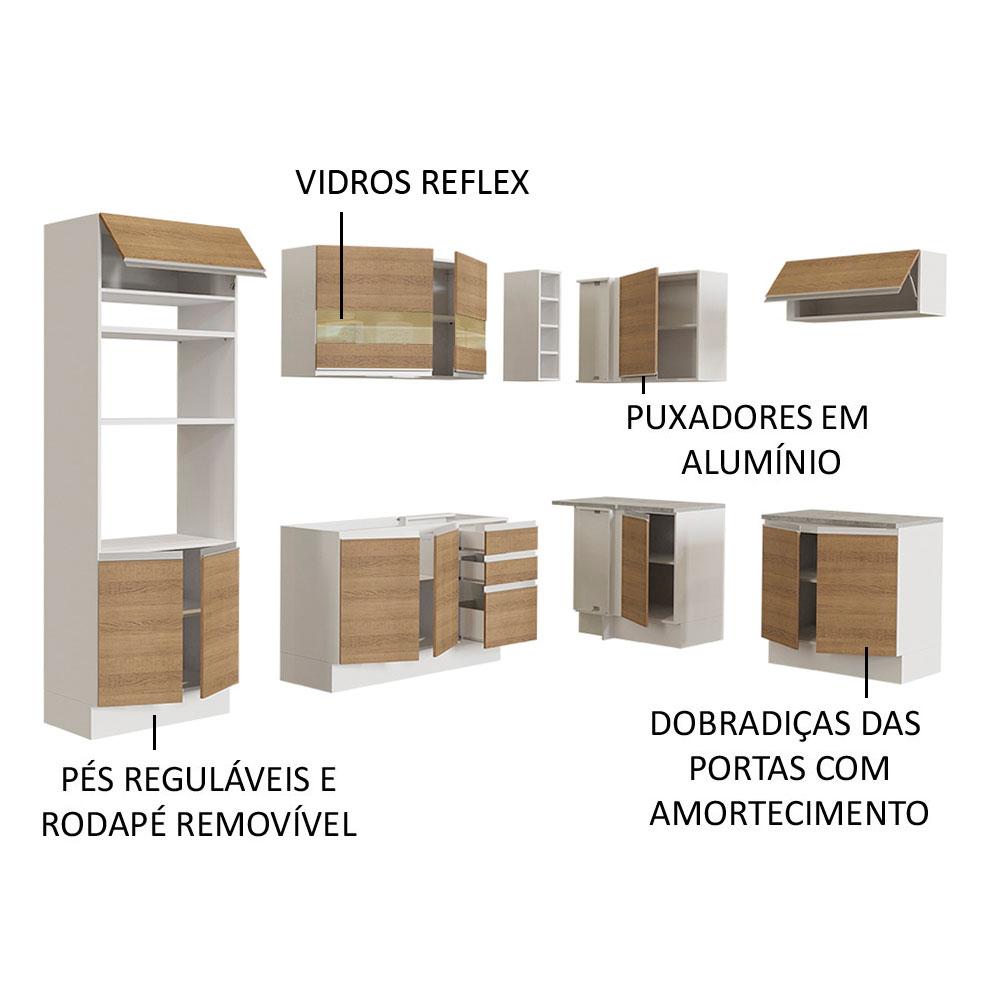 Cozinha Completa de Canto Madesa Glamy 419001 com Armário e Balcão (Sem Tampo e Pia) - Branco/Rustic