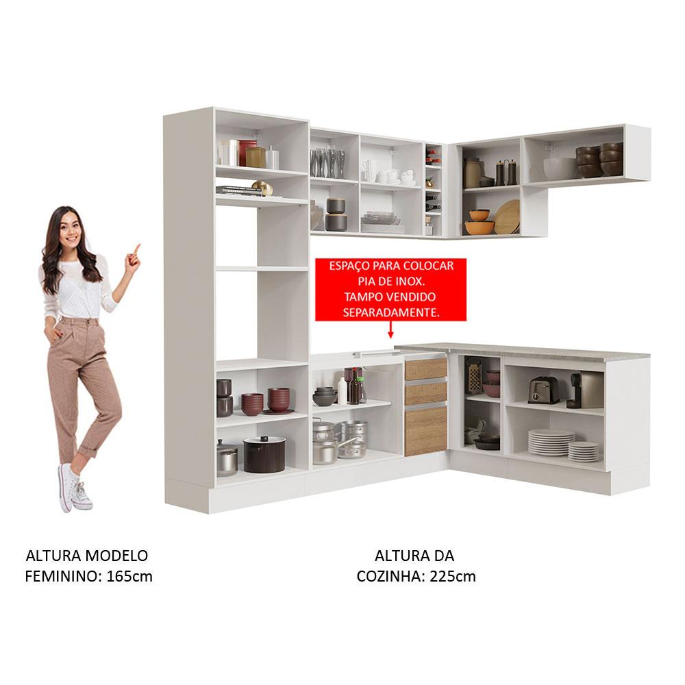 Cozinha Completa de Canto Madesa Glamy 419001 com Armário e Balcão (Sem Tampo e Pia) - Branco/Rustic