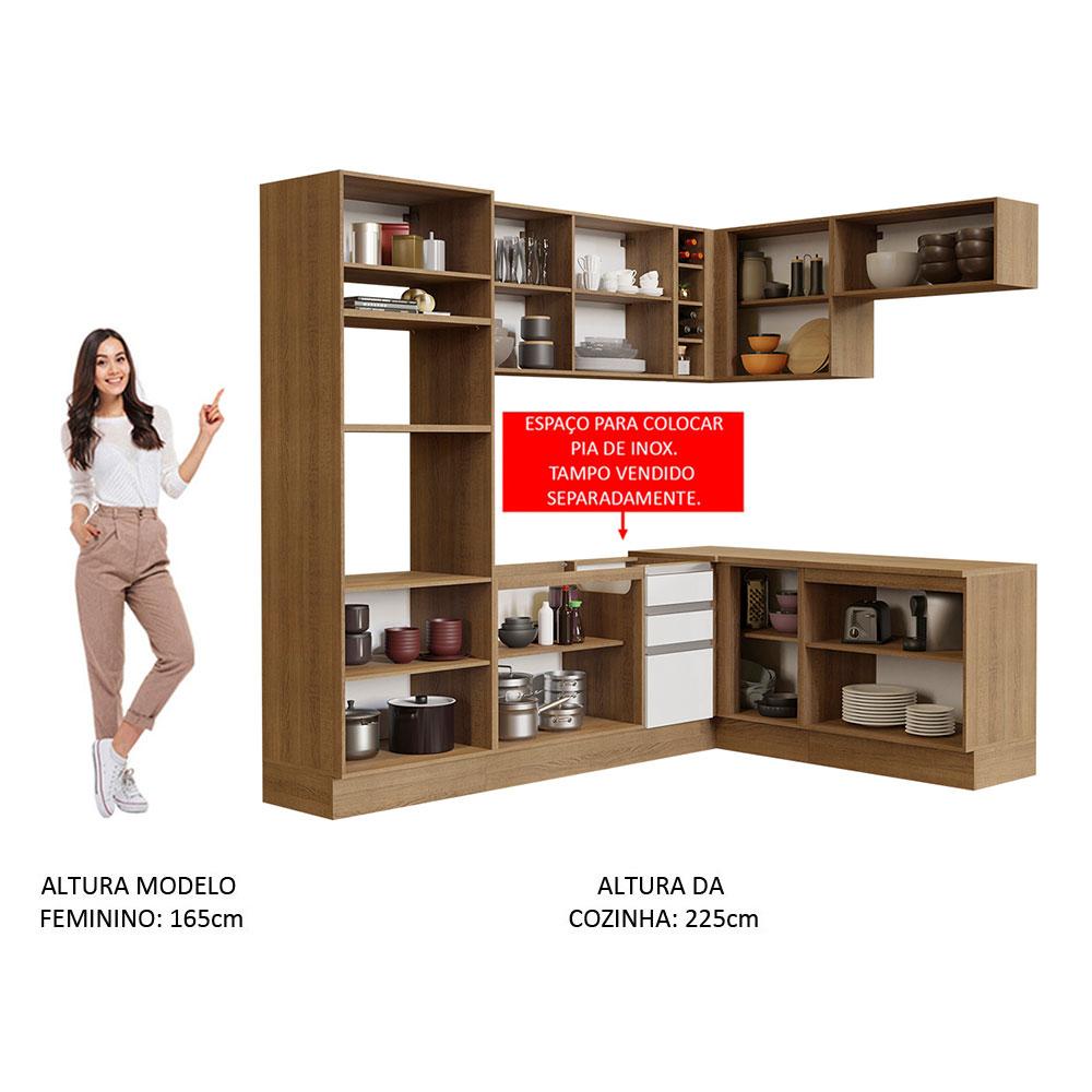Cozinha Completa de Canto Madesa Glamy 419001 com Armário e Balcão (Sem Tampo e Pia) - Rustic/Branco