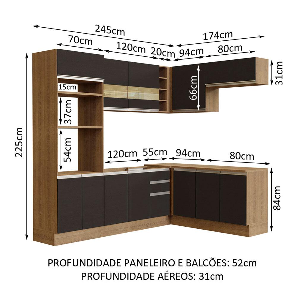Cozinha Completa de Canto Madesa Glamy 419001 com Armário e Balcão (Sem Tampo e Pia) - Rustic/Preto