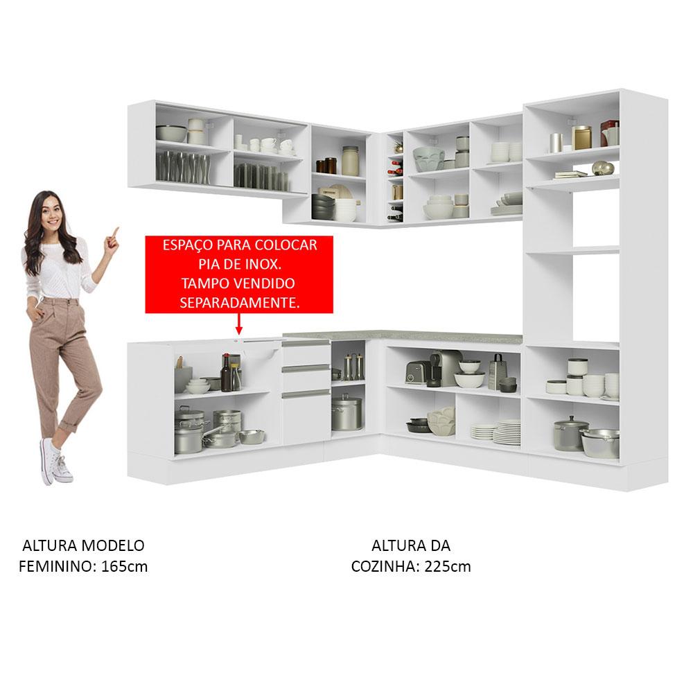 Cozinha Completa de Canto Madesa Glamy 459001 com Armário e Balcão (Sem Tampo e Pia) - Branco