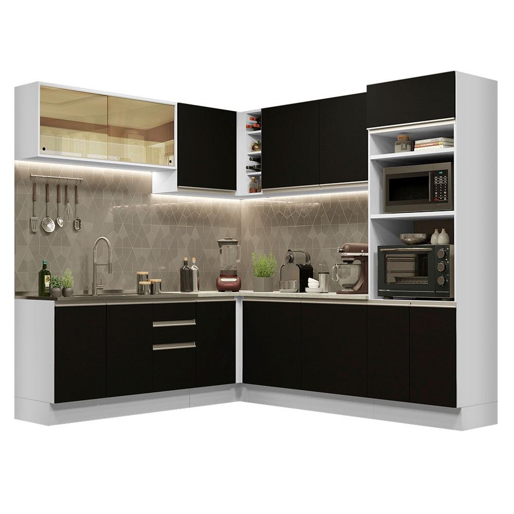 Cozinha Completa de Canto Madesa Glamy 459001 com Armário e Balcão (Sem Tampo e Pia) - Branco/Preto