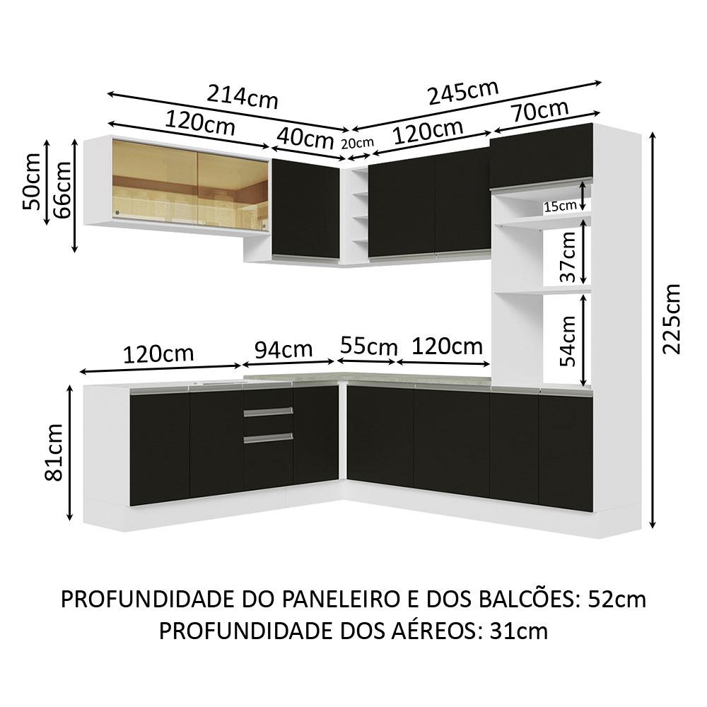 Cozinha Completa de Canto Madesa Glamy 459001 com Armário e Balcão (Sem Tampo e Pia) - Branco/Preto