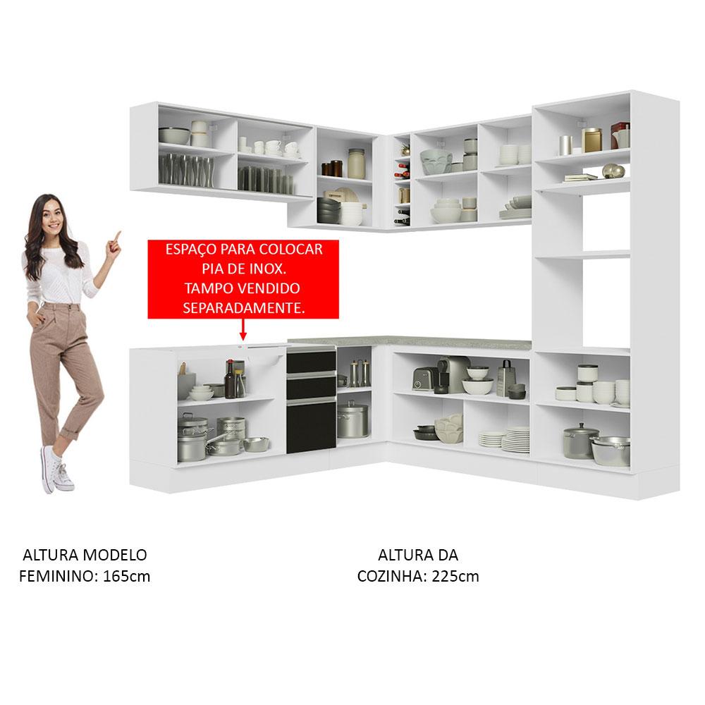Cozinha Completa de Canto Madesa Glamy 459001 com Armário e Balcão (Sem Tampo e Pia) - Branco/Preto