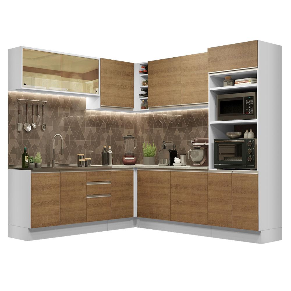 Cozinha Completa de Canto Madesa Glamy 459001 com Armário e Balcão (Sem Tampo e Pia) - Branco/Rustic