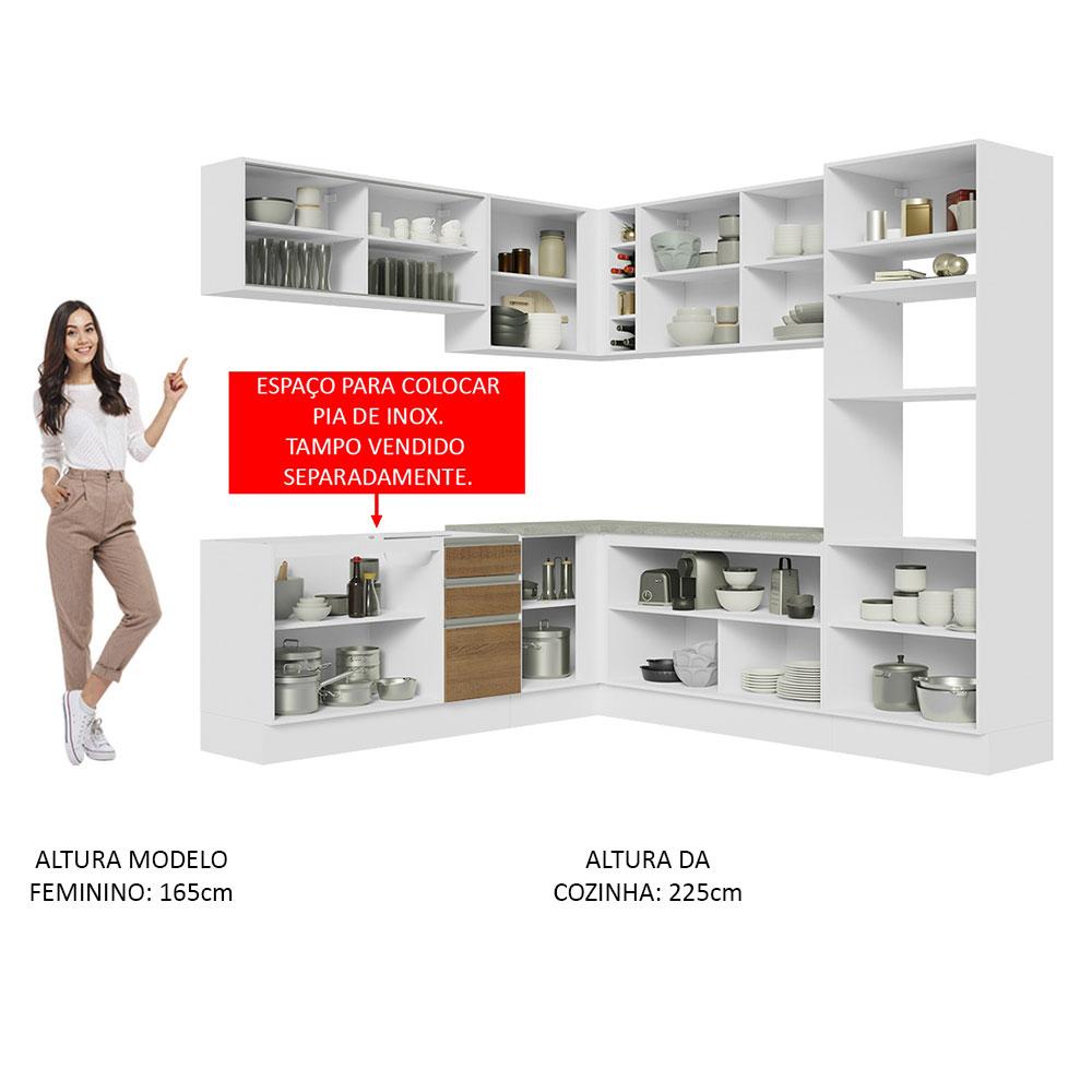 Cozinha Completa de Canto Madesa Glamy 459001 com Armário e Balcão (Sem Tampo e Pia) - Branco/Rustic