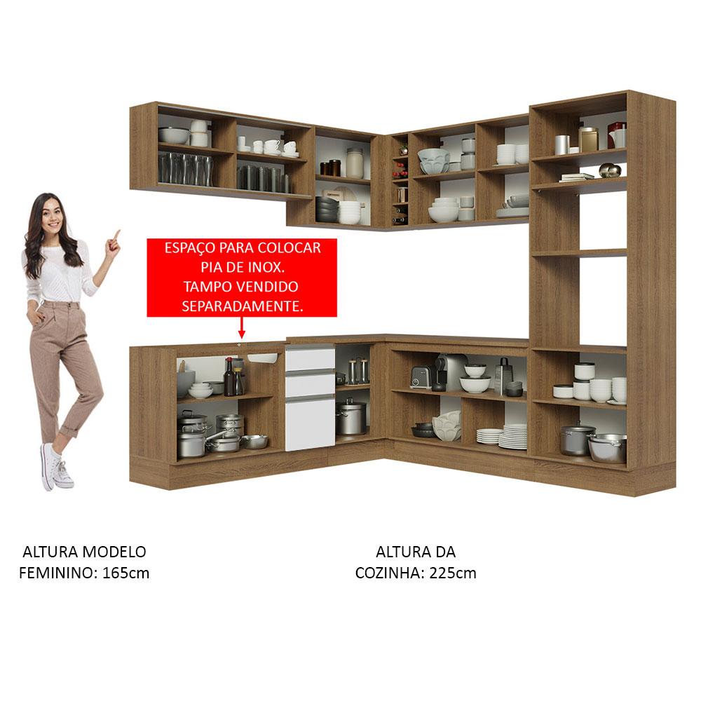 Cozinha Completa de Canto Madesa Glamy 459001 com Armário e Balcão (Sem Tampo e Pia) - Rustic/Branco