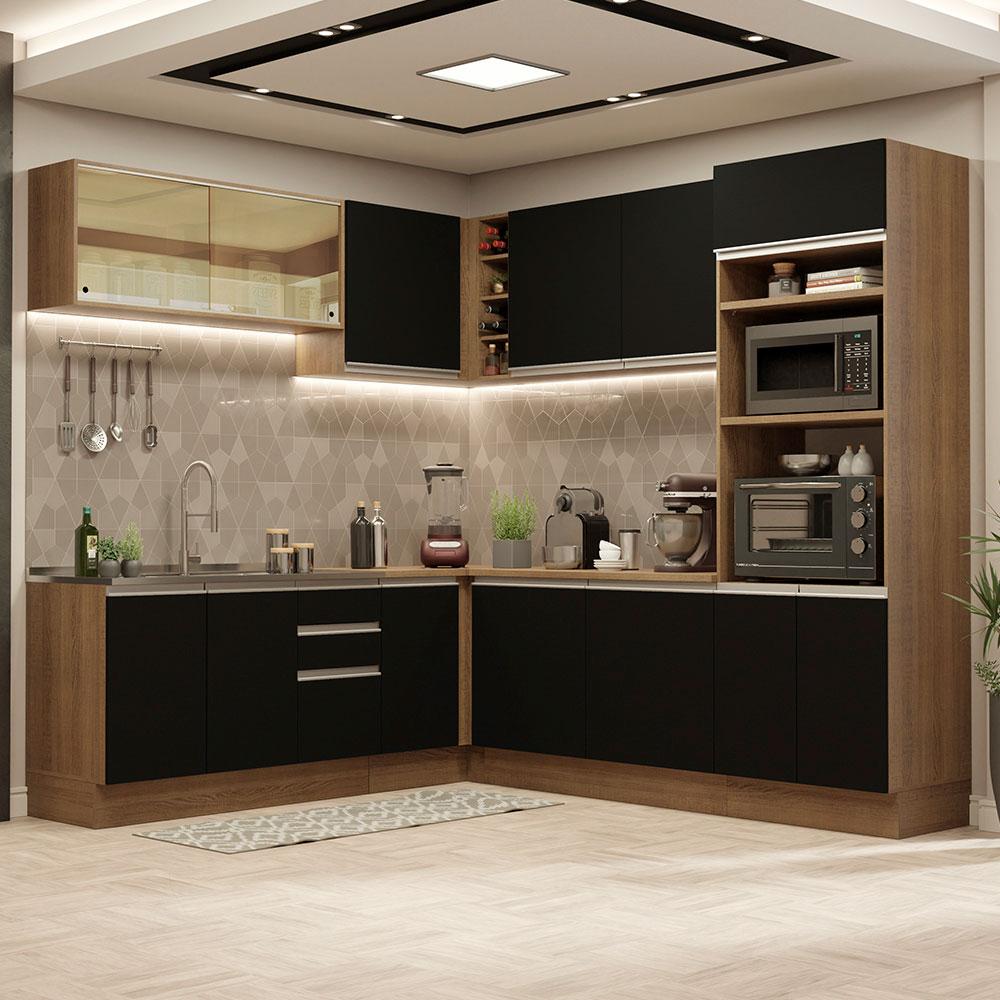 Cozinha Completa de Canto Madesa Glamy 459001 com Armário e Balcão (Sem Tampo e Pia) - Rustic/Preto