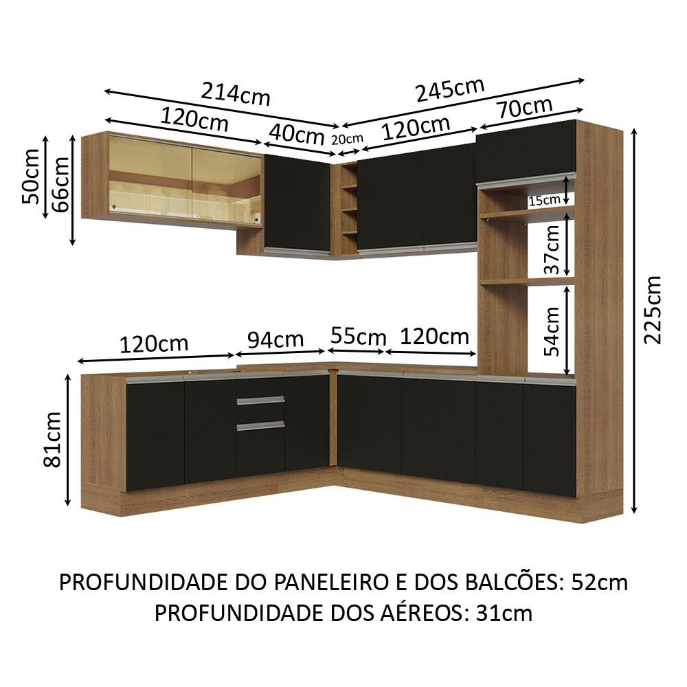 Cozinha Completa de Canto Madesa Glamy 459001 com Armário e Balcão (Sem Tampo e Pia) - Rustic/Preto