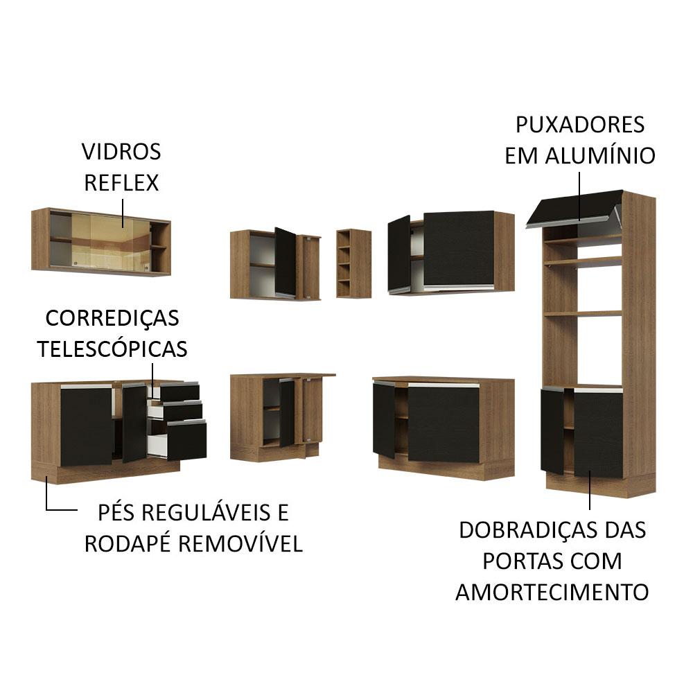 Cozinha Completa de Canto Madesa Glamy 459001 com Armário e Balcão (Sem Tampo e Pia) - Rustic/Preto