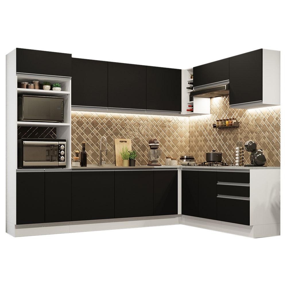 Cozinha Completa de Canto Madesa Glamy 479001 com Armário e Balcão (Sem Tampo e Pia) - Branco/Preto