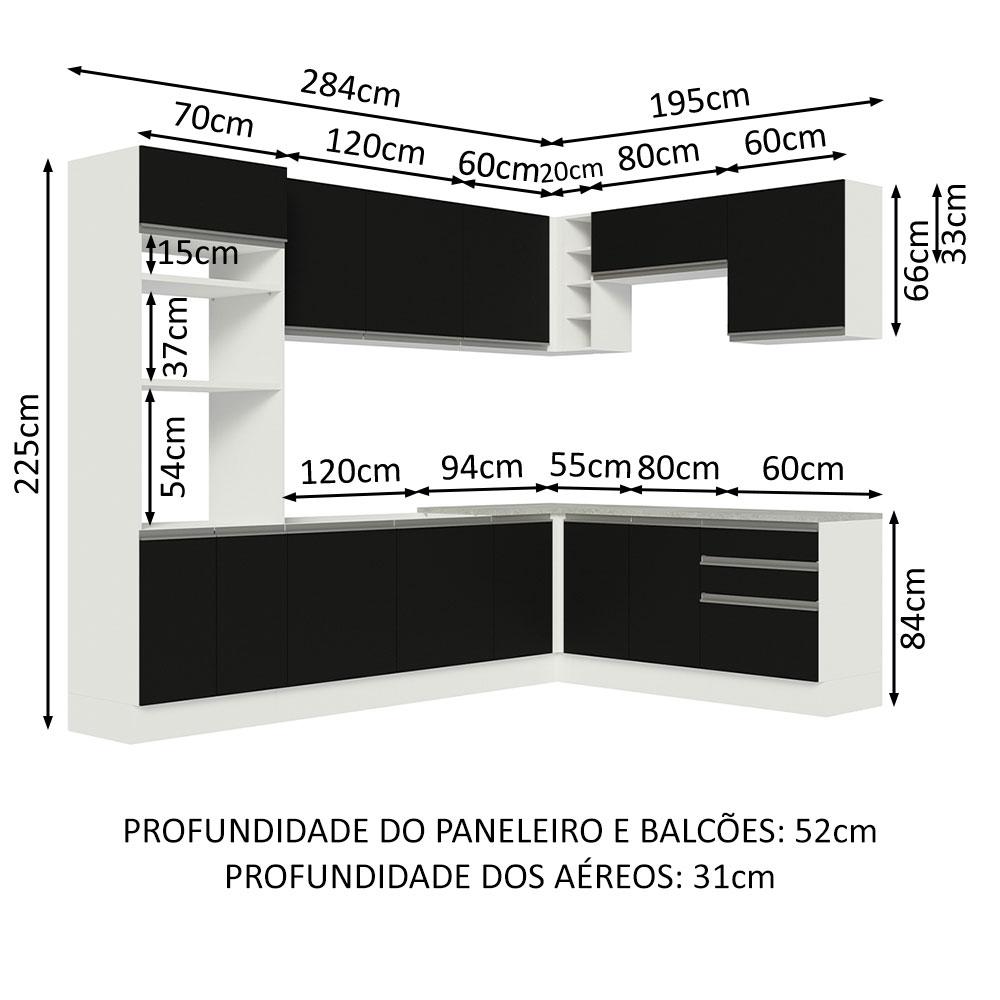 Cozinha Completa de Canto Madesa Glamy 479001 com Armário e Balcão (Sem Tampo e Pia) - Branco/Preto