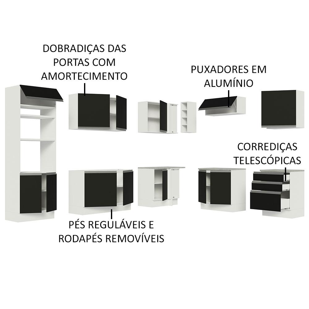 Cozinha Completa de Canto Madesa Glamy 479001 com Armário e Balcão (Sem Tampo e Pia) - Branco/Preto