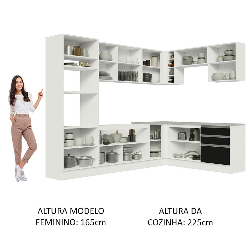 Cozinha Completa de Canto Madesa Glamy 479001 com Armário e Balcão (Sem Tampo e Pia) - Branco/Preto