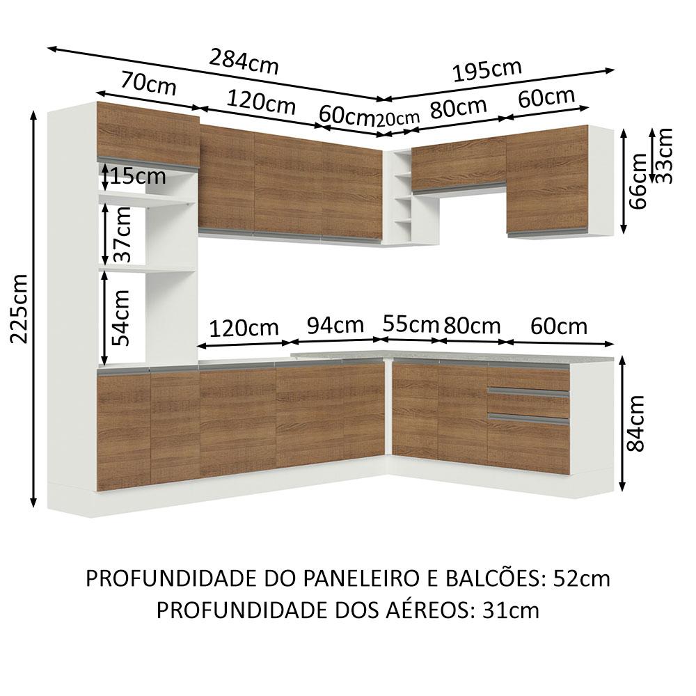 Cozinha Completa de Canto Madesa Glamy 479001 com Armário e Balcão (Sem Tampo e Pia) - Branco/Rustic
