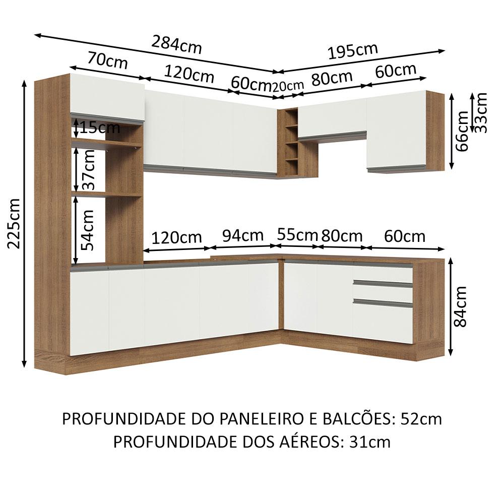 Cozinha Completa de Canto Madesa Glamy 479001 com Armário e Balcão (Sem Tampo e Pia) - Rustic/Branco