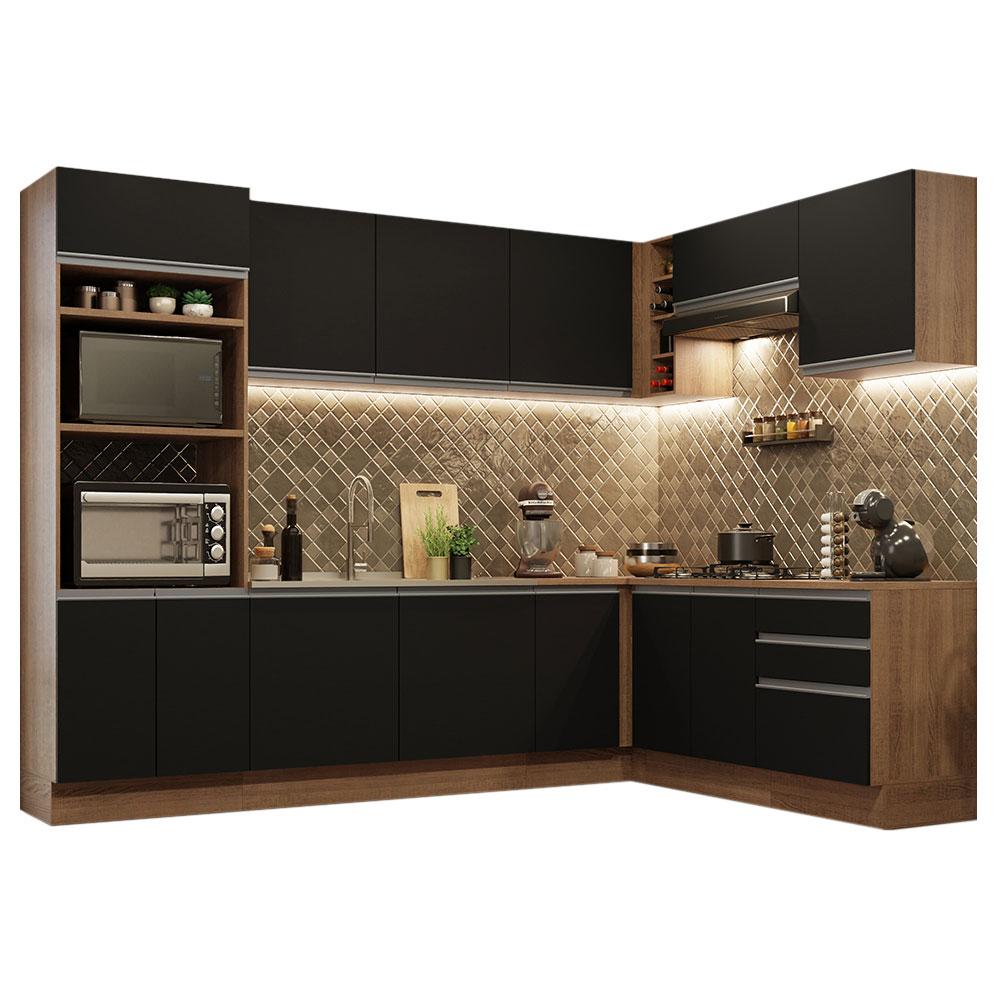 Cozinha Completa de Canto Madesa Glamy 479001 com Armário e Balcão (Sem Tampo e Pia) - Rustic/Preto