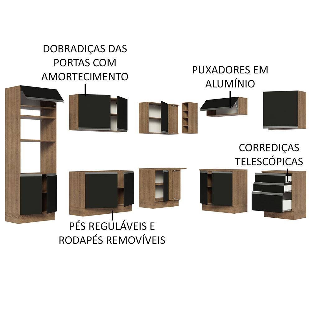 Cozinha Completa de Canto Madesa Glamy 479001 com Armário e Balcão (Sem Tampo e Pia) - Rustic/Preto